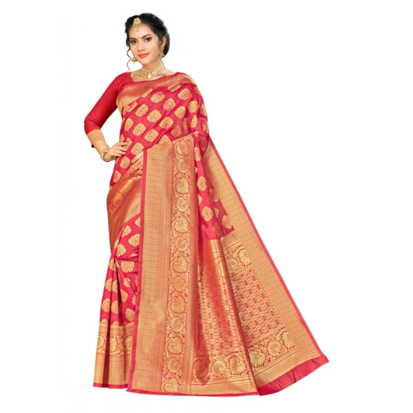 Women's Banarasi silk Saree with Blouse (Red, 5-6mtr) - Red