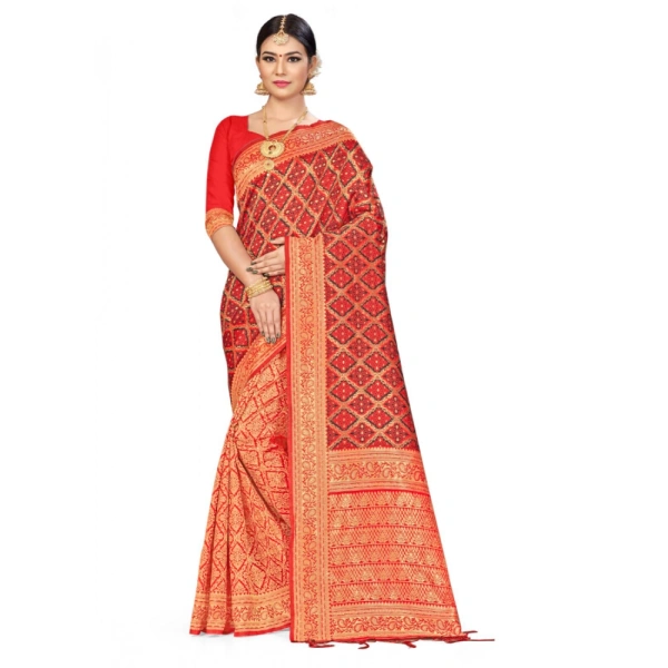 Women's Banarasi silk Saree with Blouse (Red,black, 5-6mtr) - Red-black