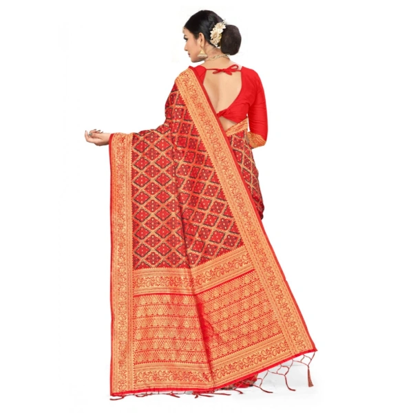 Women's Banarasi silk Saree with Blouse (Red,black, 5-6mtr) - Red-black