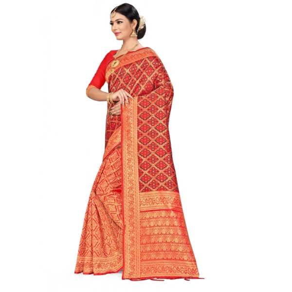 Women's Banarasi silk Saree with Blouse (Red,black, 5-6mtr) - Red-black