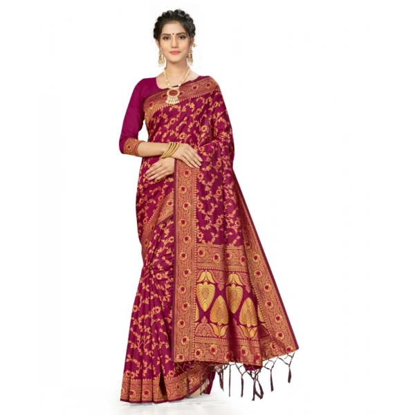 Women's Banarasi Silk Saree With Blouse (Wine, 5-6Mtrs) - Wine