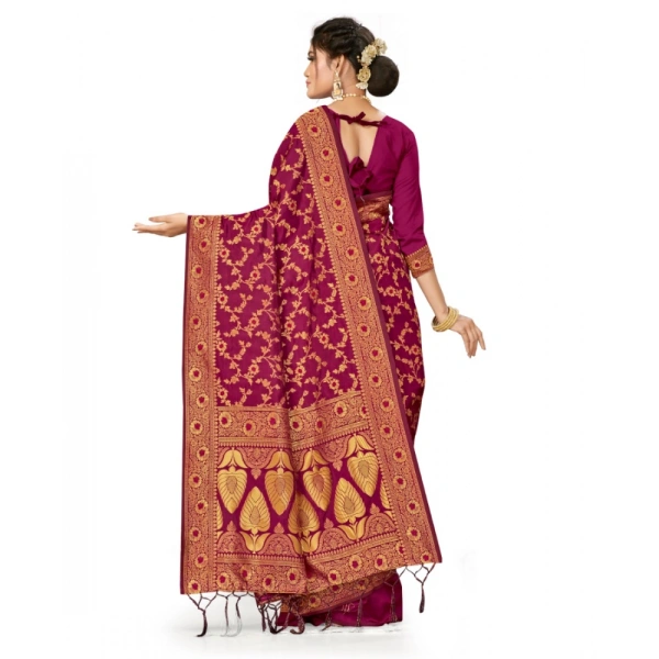 Women's Banarasi Silk Saree With Blouse (Wine, 5-6Mtrs) - Wine