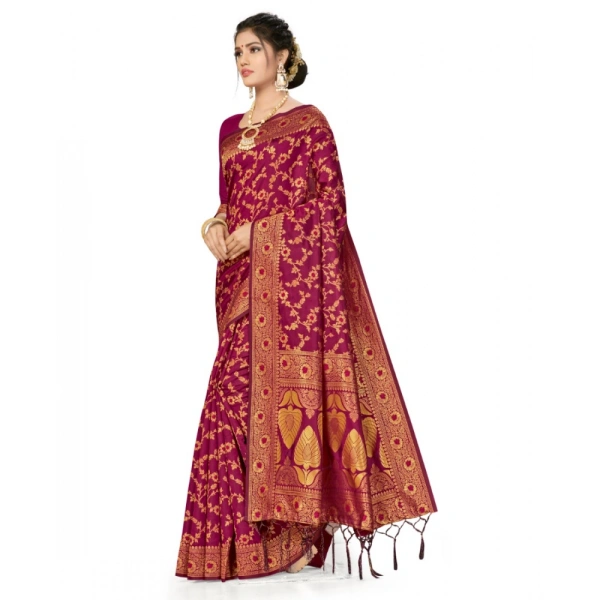 Women's Banarasi Silk Saree With Blouse (Wine, 5-6Mtrs) - Wine