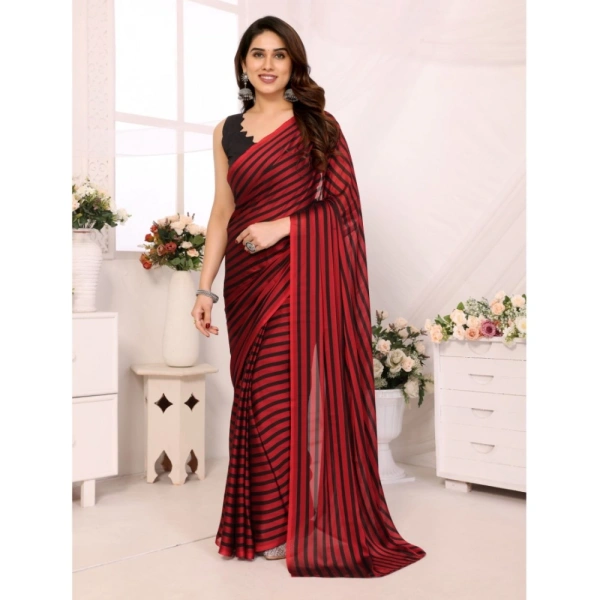 Generic Women's Black Berry Striped Ready-to-Wear Saree With Unstitched Blouse 5.5 Mtr (Red-Black) - Red-Black