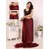 Generic Women's Black Berry Striped Ready-to-Wear Saree With Unstitched Blouse 5.5 Mtr (Red-Black) - Red-Black