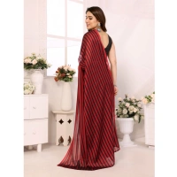 Generic Women's Black Berry Striped Ready-to-Wear Saree With Unstitched Blouse 5.5 Mtr (Red-Black) - Red-Black