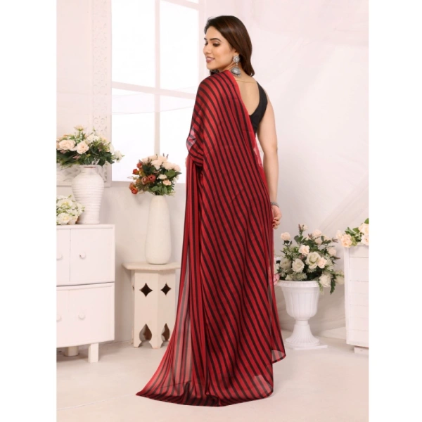 Generic Women's Black Berry Striped Ready-to-Wear Saree With Unstitched Blouse 5.5 Mtr (Red-Black) - Red-Black
