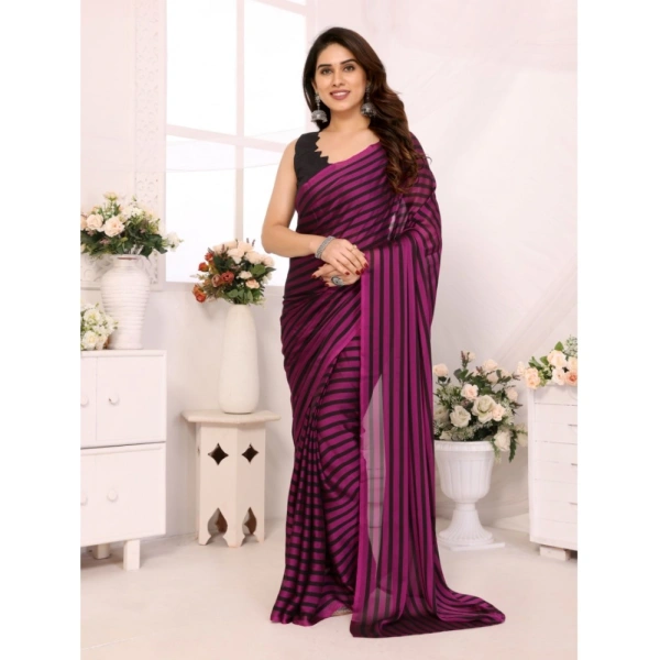 Generic Women's Black Berry Striped Ready-to-Wear Saree With Unstitched Blouse 5.5 Mtr (Purple-Black) - Purple-Black