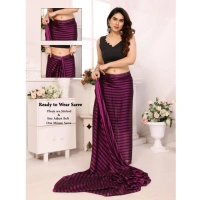 Generic Women's Black Berry Striped Ready-to-Wear Saree With Unstitched Blouse 5.5 Mtr (Purple-Black) - Purple-Black