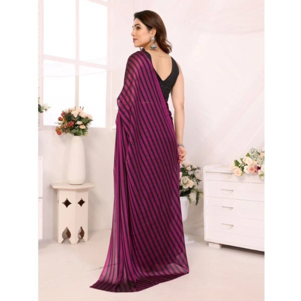 Generic Women's Black Berry Striped Ready-to-Wear Saree With Unstitched Blouse 5.5 Mtr (Purple-Black) - Purple-Black