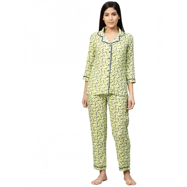 Women's Casual 3/4 Sleeve Floral Printed Rayon Shirt With Pyjama Pant Night Suit Set (Green) - Green, 0.35, XL