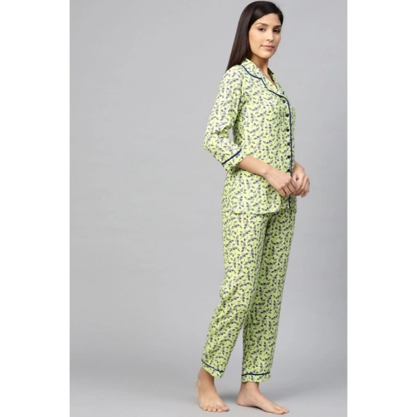 Women's Casual 3/4 Sleeve Floral Printed Rayon Shirt With Pyjama Pant Night Suit Set (Green) - Green, 0.35, XL