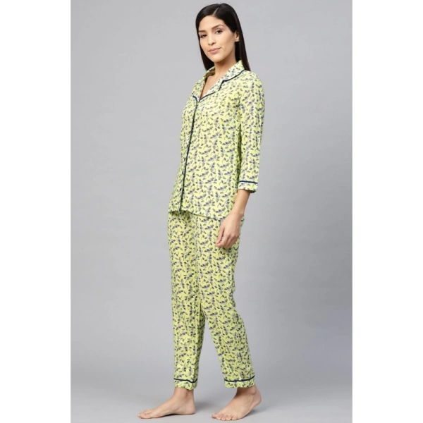 Women's Casual 3/4 Sleeve Floral Printed Rayon Shirt With Pyjama Pant Night Suit Set (Green) - Green, 0.35, XL