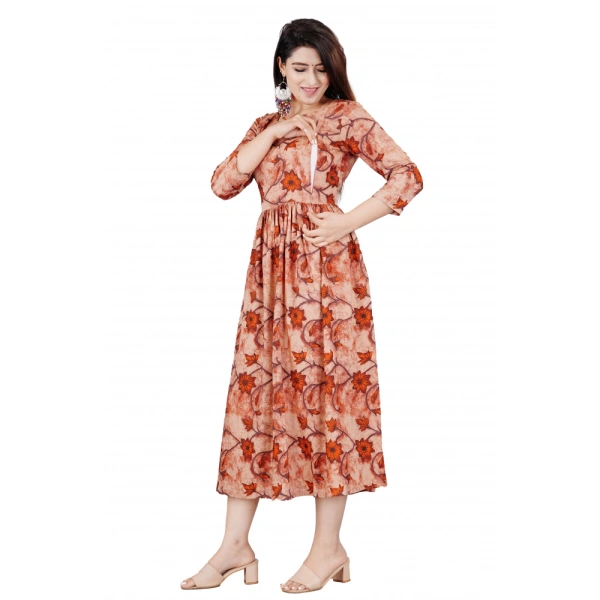 Women's Casual 3/4 Sleeve Printed Viscose Maternity Feeding Kurti (Brown) - Brown, M