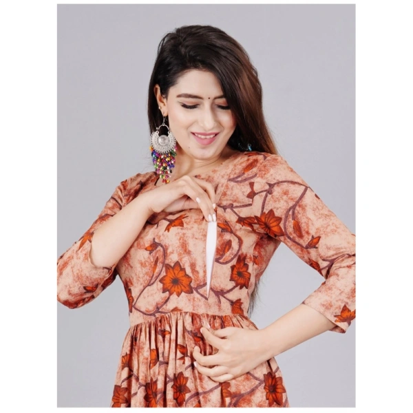 Women's Casual 3/4 Sleeve Printed Viscose Maternity Feeding Kurti (Brown) - Brown, M