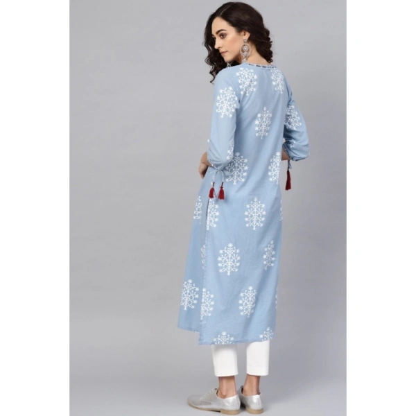 Women's Casual 3/4 th Sleeve Embroidery Cambric Cotton Kurti (Blue) - Blue, 0.35, M