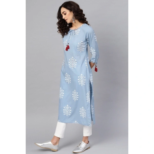 Women's Casual 3/4 th Sleeve Embroidery Cambric Cotton Kurti (Blue) - Blue, 0.35, M