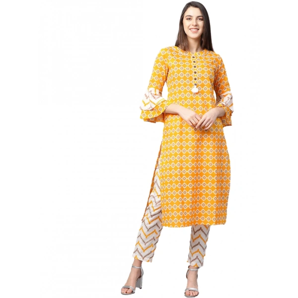 Women's Casual 3/4 th Sleeve Floral Printed Cotton Kurti Set (Mustard) - Mustard, 0.35, M