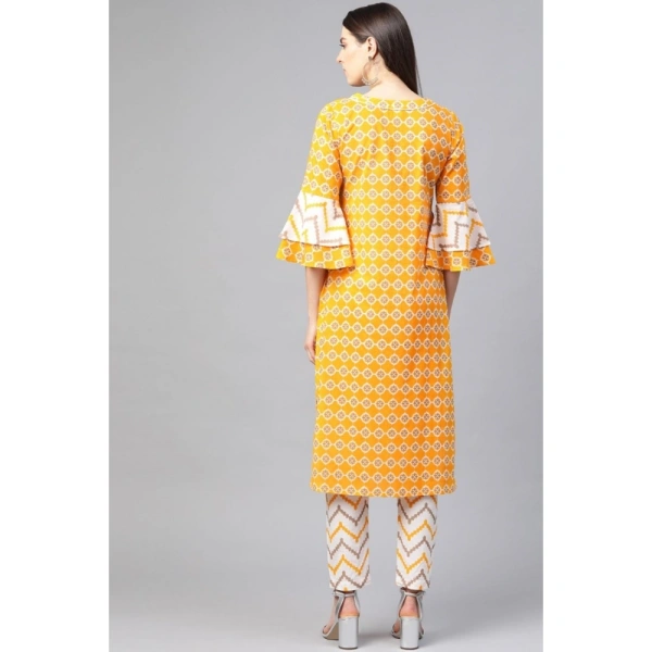 Women's Casual 3/4 th Sleeve Floral Printed Cotton Kurti Set (Mustard) - Mustard, 0.35, M