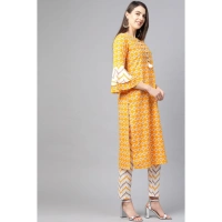 Women's Casual 3/4 th Sleeve Floral Printed Cotton Kurti Set (Mustard) - Mustard, 0.35, M