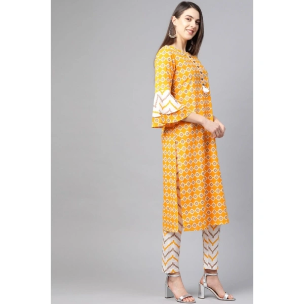 Women's Casual 3/4 th Sleeve Floral Printed Cotton Kurti Set (Mustard) - Mustard, 0.35, M