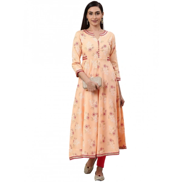 Women's Casual 3/4 th Sleeve Floral Printed Rayon Kurti (Peach) - Peach, 0.35, M