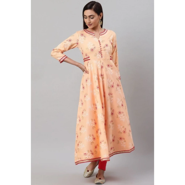 Women's Casual 3/4 th Sleeve Floral Printed Rayon Kurti (Peach) - Peach, 0.35, M
