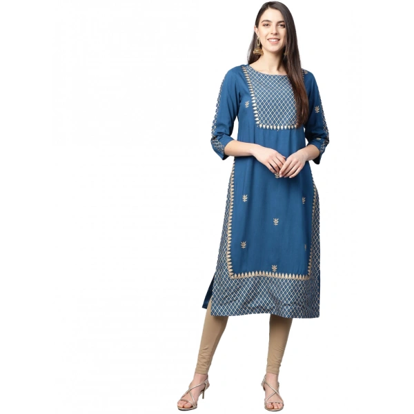 Women's Casual 3/4 th Sleeve Floral Printed Rayon Kurti (Blue) - Blue, 0.35, S