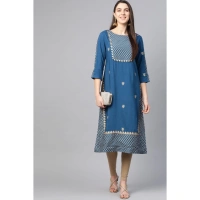 Women's Casual 3/4 th Sleeve Floral Printed Rayon Kurti (Blue) - Blue, 0.35, S