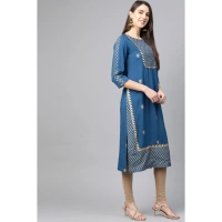 Women's Casual 3/4 th Sleeve Floral Printed Rayon Kurti (Blue) - Blue, 0.35, S