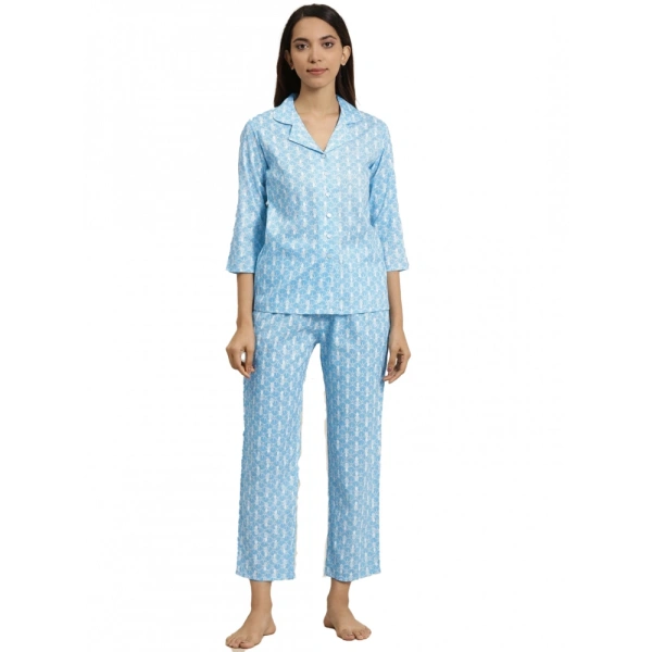 Women's Casual 3/4 th Sleeve Floral Printed Rayon Shirt With Pyjama Pant Night Suit Set (Blue) - Blue, 0.35, M