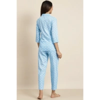 Women's Casual 3/4 th Sleeve Floral Printed Rayon Shirt With Pyjama Pant Night Suit Set (Blue) - Blue, 0.35, M