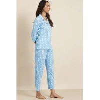 Women's Casual 3/4 th Sleeve Floral Printed Rayon Shirt With Pyjama Pant Night Suit Set (Blue) - Blue, 0.35, M