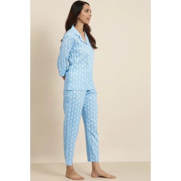 Women's Casual 3/4 th Sleeve Floral Printed Rayon Shirt With Pyjama Pant Night Suit Set (Blue) - Blue, 0.35, M