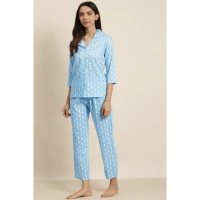 Women's Casual 3/4 th Sleeve Floral Printed Rayon Shirt With Pyjama Pant Night Suit Set (Blue) - Blue, 0.35, M