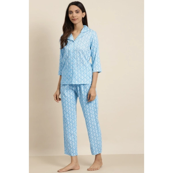 Women's Casual 3/4 th Sleeve Floral Printed Rayon Shirt With Pyjama Pant Night Suit Set (Blue) - Blue, 0.35, M
