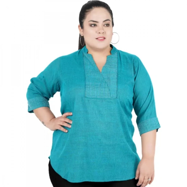 Generic Women's Casual 3/4th Sleeve Sleeve Embroidered Light Green Top (Color:Light BlueMaterial:Cotton Linen Blend) - Light Blue, 3/4th Sleeve, 5XL