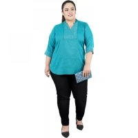 Generic Women's Casual 3/4th Sleeve Sleeve Embroidered Light Green Top (Color:Light BlueMaterial:Cotton Linen Blend) - Light Blue, 3/4th Sleeve, 5XL