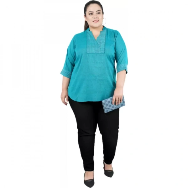 Generic Women's Casual 3/4th Sleeve Sleeve Embroidered Light Green Top (Color:Light BlueMaterial:Cotton Linen Blend) - Light Blue, 3/4th Sleeve, 5XL