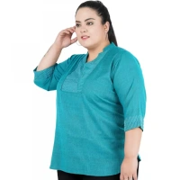 Generic Women's Casual 3/4th Sleeve Sleeve Embroidered Light Green Top (Color:Light BlueMaterial:Cotton Linen Blend) - Light Blue, 3/4th Sleeve, 5XL