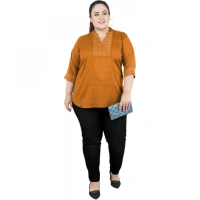 Generic Women's Casual 3/4th Sleeve Sleeve Embroidered Yellow Top (Color:YellowMaterial:Cotton Linen Blend) - Yellow, 3/4th Sleeve, 5XL