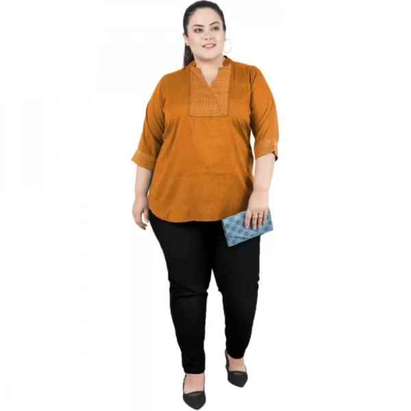 Generic Women's Casual 3/4th Sleeve Sleeve Embroidered Yellow Top (Color:YellowMaterial:Cotton Linen Blend) - Yellow, 3/4th Sleeve, 5XL