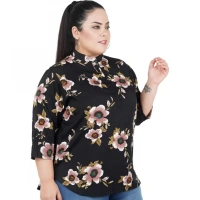 Generic Women's Casual 3/4th Sleeve Sleeve Printed Black Top (Color:BlackMaterial:Poly Crepe) - Black, 3/4th Sleeve, 4XL