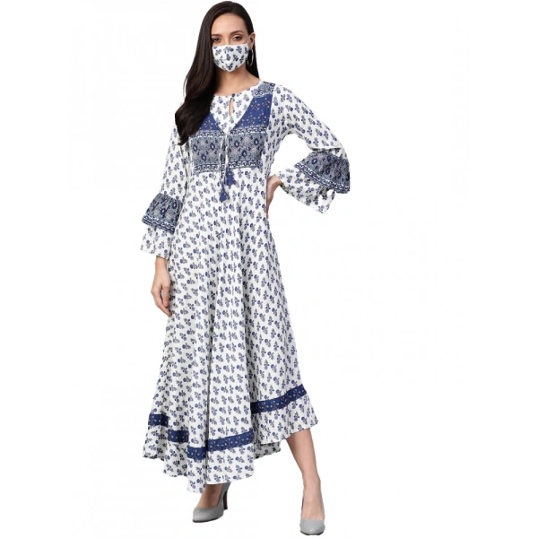 Women's Casual Bell Sleeve Floral Printed Rayon Dress (White & Blue) - White & Blue, 0.35, L