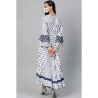 Women's Casual Bell Sleeve Floral Printed Rayon Dress (White & Blue) - White & Blue, 0.35, L