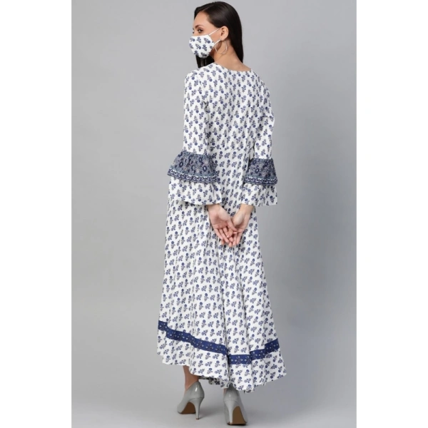 Women's Casual Bell Sleeve Floral Printed Rayon Dress (White & Blue) - White & Blue, 0.35, L