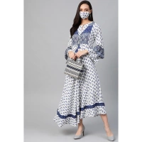 Women's Casual Bell Sleeve Floral Printed Rayon Dress (White & Blue) - White & Blue, 0.35, L