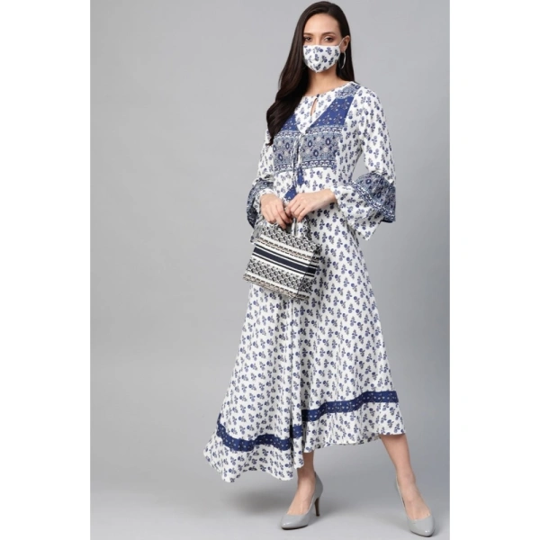 Women's Casual Bell Sleeve Floral Printed Rayon Dress (White & Blue) - White & Blue, 0.35, L
