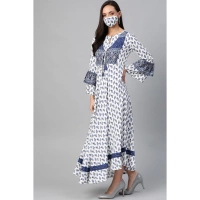 Women's Casual Bell Sleeve Floral Printed Rayon Dress (White & Blue) - White & Blue, 0.35, L