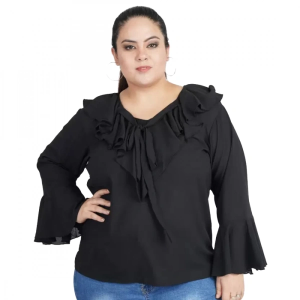 Generic Women's Casual Bell Sleeve Solid Black Top (Color:BlackMaterial:Georgette) - Black, 3/4th Sleeve, 5XL